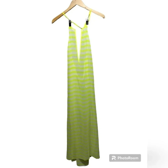 Gianni Bini Coverup Maxi Sheer Striped Neon Yellow Small Deep V Neck Beach Swim - Picture 7 of 7